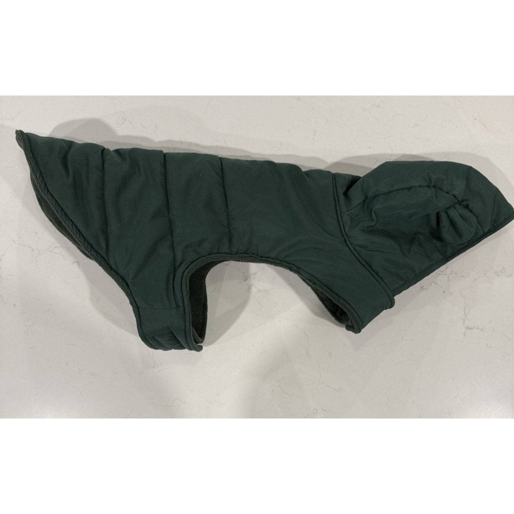 Dog Jacket‎ Med/Large Green with Ears Puffy Hooded Coat Snap Back Hood 13"x18"